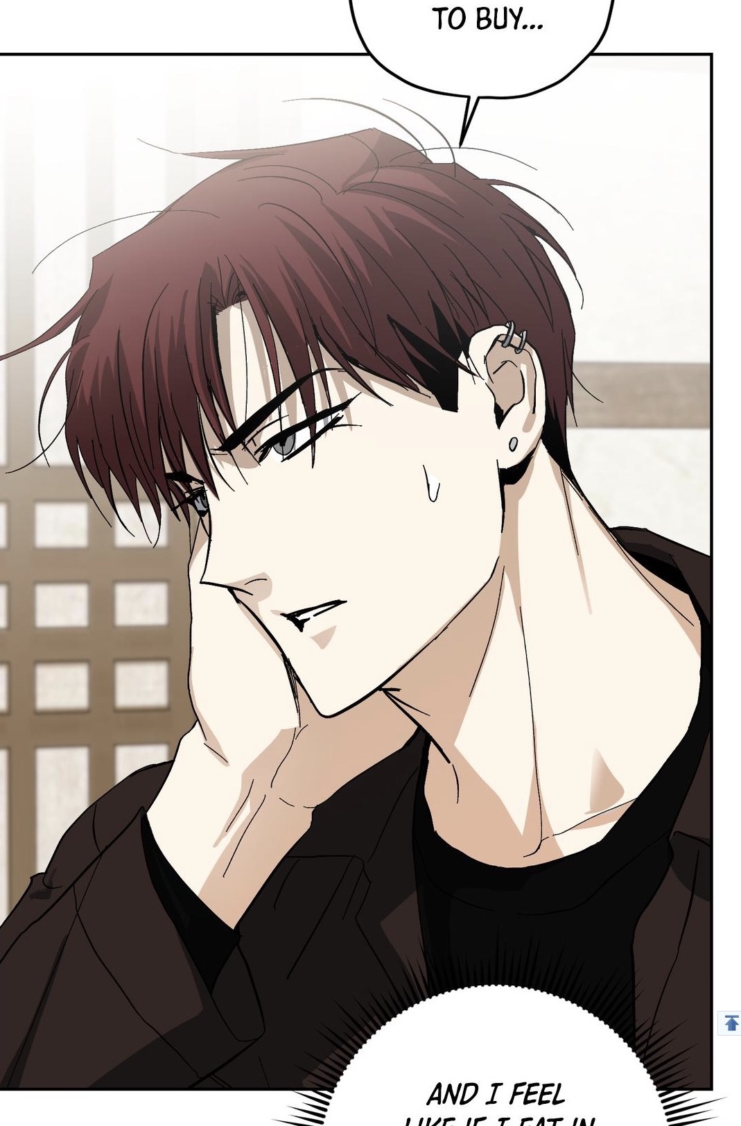 a closeup shot of an animestyle man with reddishbrown hair, styled in a slightly messy fashion. he has a serious, almost pensive expression on his face, and his hand is raised to his cheek. he's wearing a darkcolored jacket and has an earring in his ear. the background is blurry but appears to be an interior scene with traditional asianstyle elements.  speech bubbles contain text, suggesting dialogue or internal thoughts. the overall style is reminiscent of korean webtoons or manhwa.
