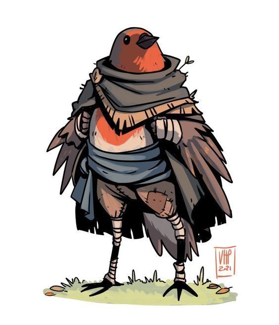 an illustration of an anthropomorphic robin standing on grass. the robin is wearing a gray cloak, with a tan and gray shawl underneath. it also has a blue tunic tied around its waist. its legs and feet are birdlike and stand on a patch of grass with a few fallen leaves. the robin has a bright red chest and head, and small black eyes with a black beak. the overall style is cartoonish and reminiscent of fantasy or medieval settings.