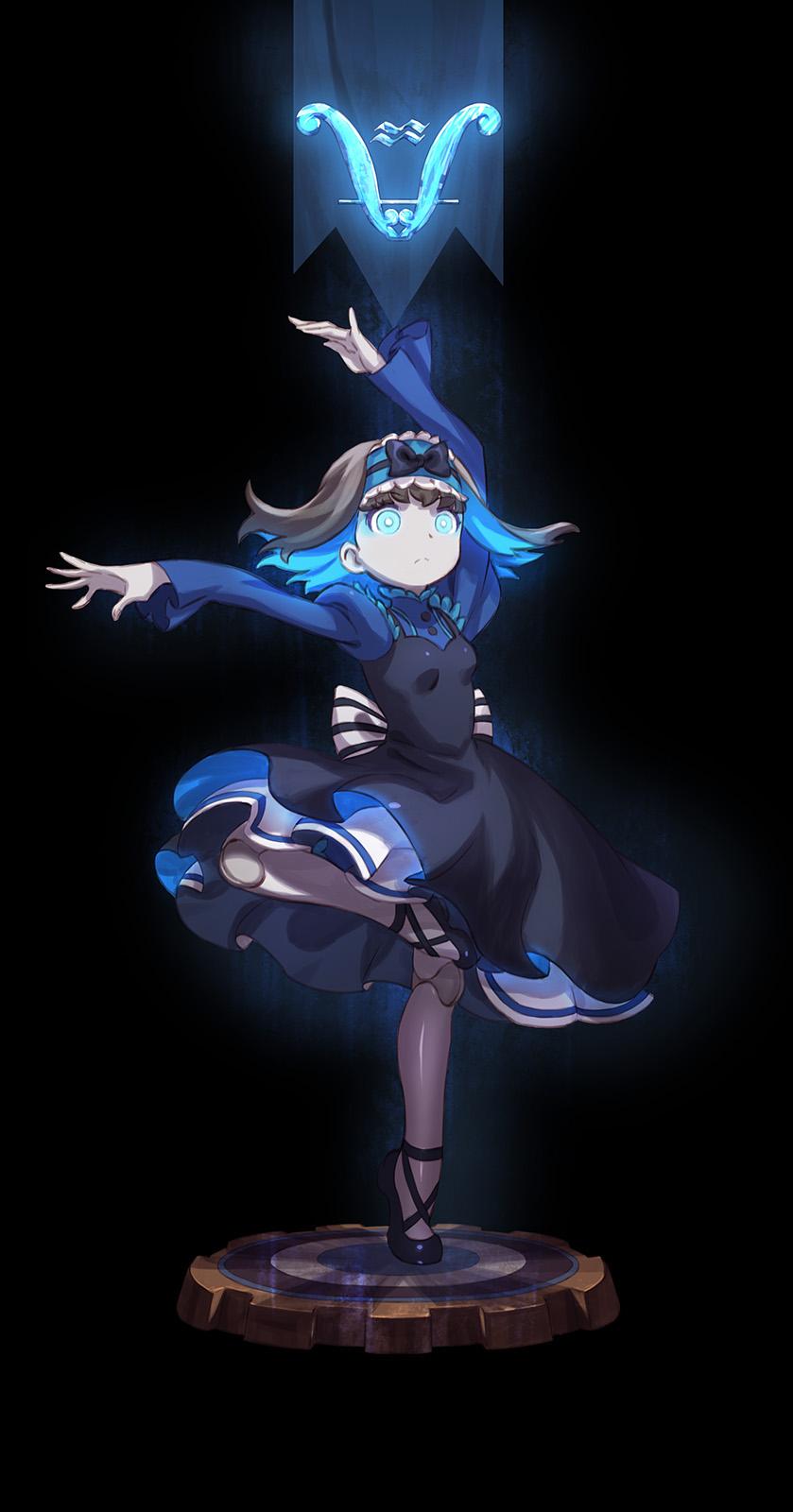 an anime girl with blue hair and a black and white dress stands on a circular platform with a blue glow around it. her blue eyes are open wide and she is looking directly at the viewer.  the background is dark and she is outlined by a dark shadow.  above her is a blue glowing symbol that is out of focus.