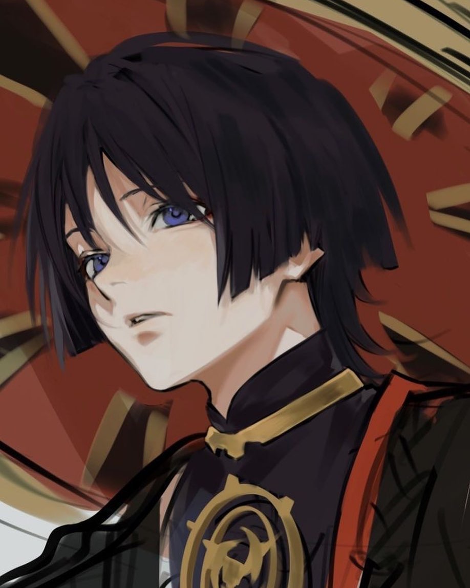 loseup digital fan art depicting scaramouche from genshin impact. he is a young man with dark hair that is cut short, and piercing blue eyes. he has a serious expression on his face. he is wearing a dark colored chinesestyle outfit with a prominent gold collar and red accents. the background includes a large clock face with shades of red and gold.  the art style is highly stylized and painterly, with soft shading and attention to detail.
