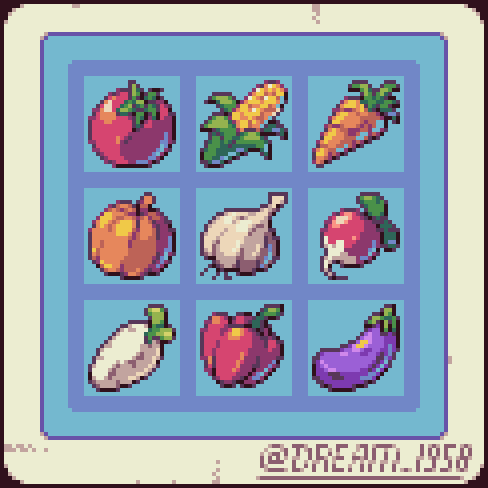 this is a pixel art illustration of a grid showing nine different types of vegetables.  each vegetable is depicted in a pixelated style, with simple shapes and colors. the vegetables include a tomato, corn on the cob, carrot, peach, garlic, radish, turnip, bell pepper, and eggplant. the overall style is reminiscent of classic video game graphics.  the grid is set on a light blue background within a larger offwhite frame, and a watermark is present in the bottom right corner.