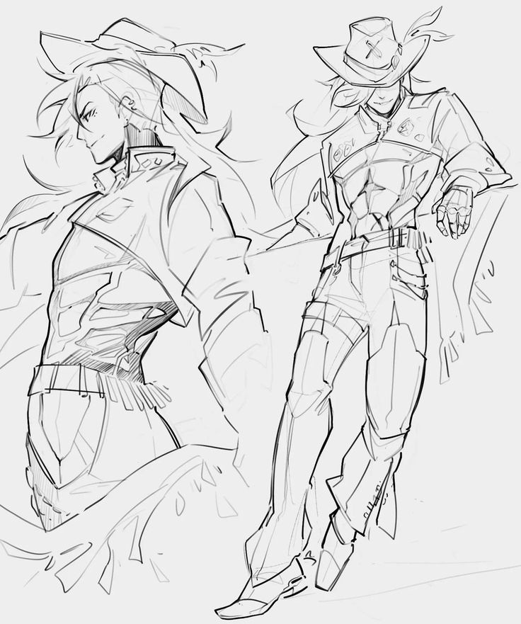 this is a sketch of two male characters. both characters are wearing cowboy hats and jackets. the character on the left is holding a gun and has a serious expression on his face. the character on the right is standing with his arms crossed. he is smiling slightly.