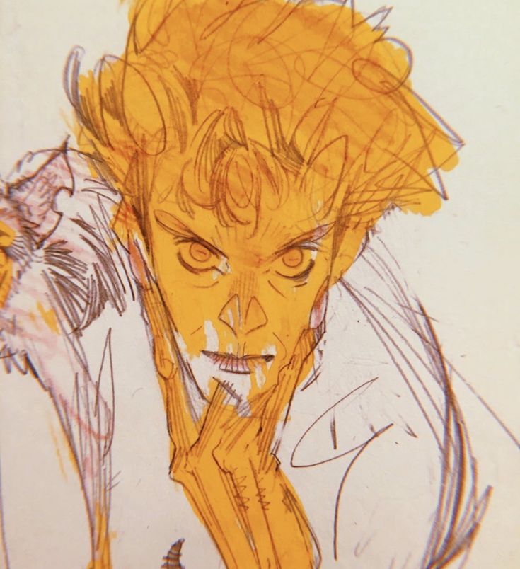 a handdrawn illustration of a male character from an anime or manga in the style of a sketch. he has a serious, thoughtful expression. the drawing is done in yellow and orange hues with a  white background.  the character's expression is one of intense concentration.  the artist has used thick lines and shading to give the character a sense of depth and realism.  the drawing is full of energy and emotion, and it is clear that the artist has a strong understanding of anatomy and perspective.  the illustration is a great example of how line art can be used to create a powerful and dynamic image.