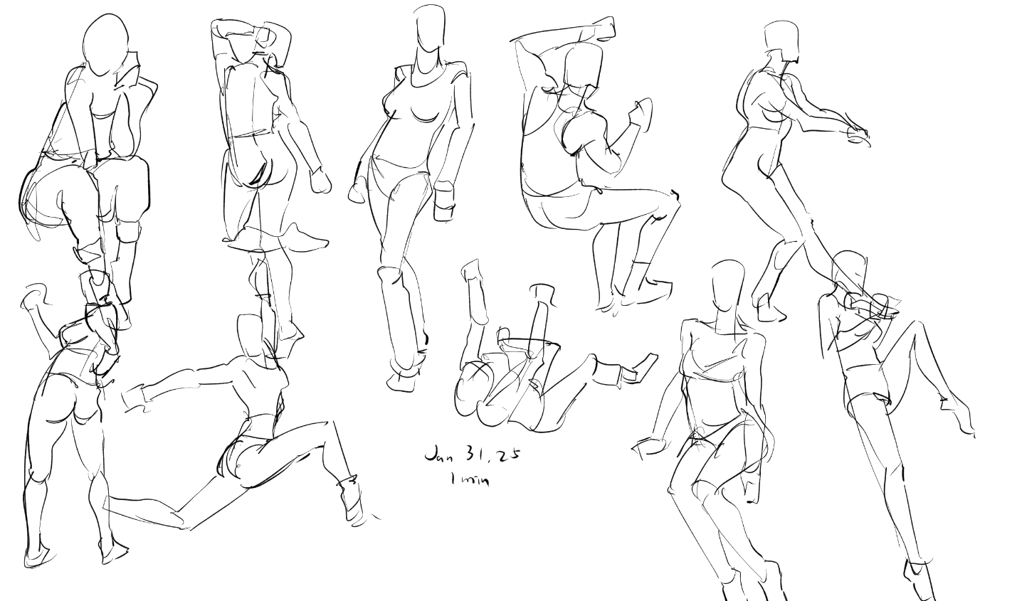 the image contains a collection of quick figure sketches, likely done from life or using a reference image.  they appear to be gesture drawings, focusing on capturing the movement and flow of the figures rather than precise anatomical detail. the style is loose and expressive, using flowing lines and minimal detail. the figures are predominantly female and are depicted in a variety of dynamic poses and actions, some seemingly active and others more relaxed.  many are shown from different angles and perspectives. the note "jan 31, 25 1 min" suggests these were completed in oneminute timed studies on january 31st, 2025. the overall impression is one of rapid, expressive figure studies.