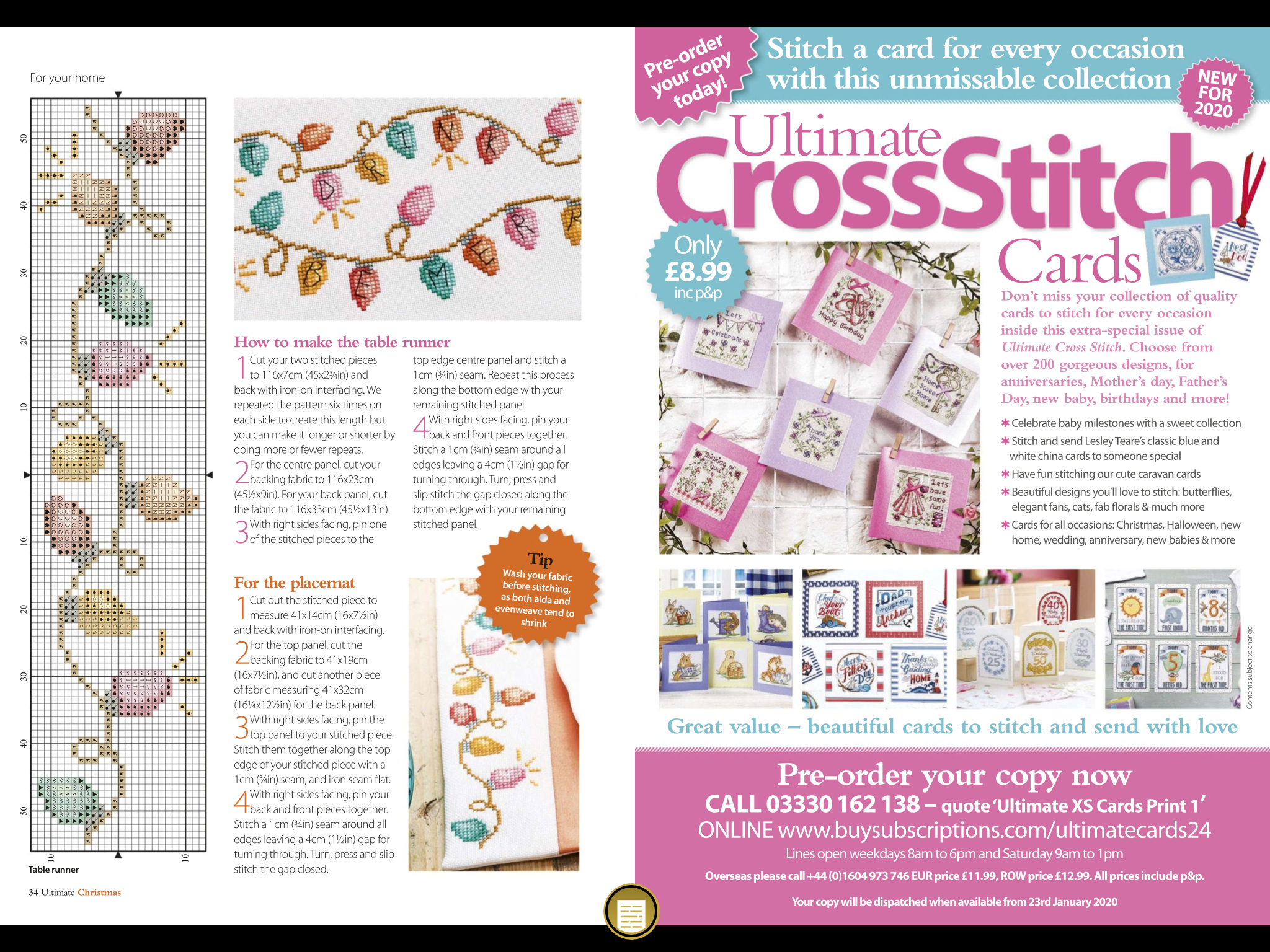 the magazine cover has an advertisement for a cross stitch collection of cards. the collection is called ultimate cross stitch and features a variety of designs. the magazine cover also includes instructions on how to make a table runner and a placemat with cross stitch. the magazine also has a promotion for a preorder of the magazine with a discount.