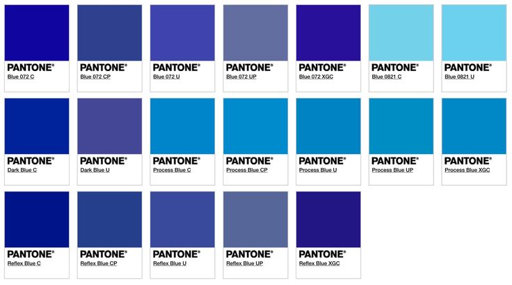 the image shows a collection of pantone color swatches, all in various shades of blue. the swatches are arranged in a grid and labeled with their corresponding pantone names and codes.