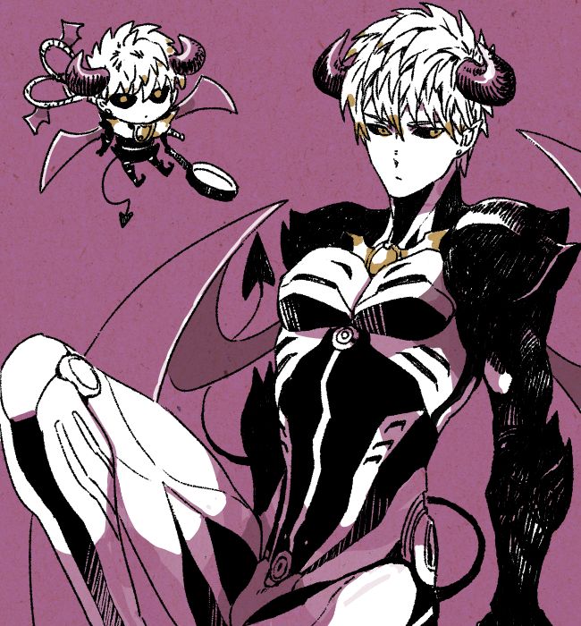 he image is a piece of fanart depicting saitama, the main character from the manga and anime series one punch man, dressed as a devil or demon.  there are two versions of saitama shown. one is a larger, more detailed version of him wearing a devilish costume with horns, wings, and a detailed, almost skeletallooking suit.  the other is a smaller, chibistyle version of him, also in a devil costume. the background is a solid purplishpink color. the art style is a blend of manga and western comic styles. the linework is bold and somewhat sketchy, creating a dynamic and expressive visual.