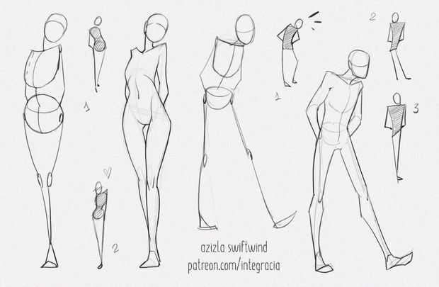 this image is a collection of stick figure sketches in different poses. each figure is drawn with simple lines to depict the basic shape and structure of the human body. they are labelled with numbers for a stepbystep drawing guide,  demonstrating how to build up a figure from a simple stick figure to a more detailed drawing.  the figures are depicted in a variety of dynamic poses and stances, showcasing different perspectives and proportions. the sketches are drawn in a loose and expressive style, using lines that are both delicate and bold.  the image provides a great starting point for aspiring artists to learn about figure drawing, understanding the structure of the human body, and creating different poses and perspectives.  the artist has also included their name and patreon page, showcasing their work and providing a platform for learning and collaboration.