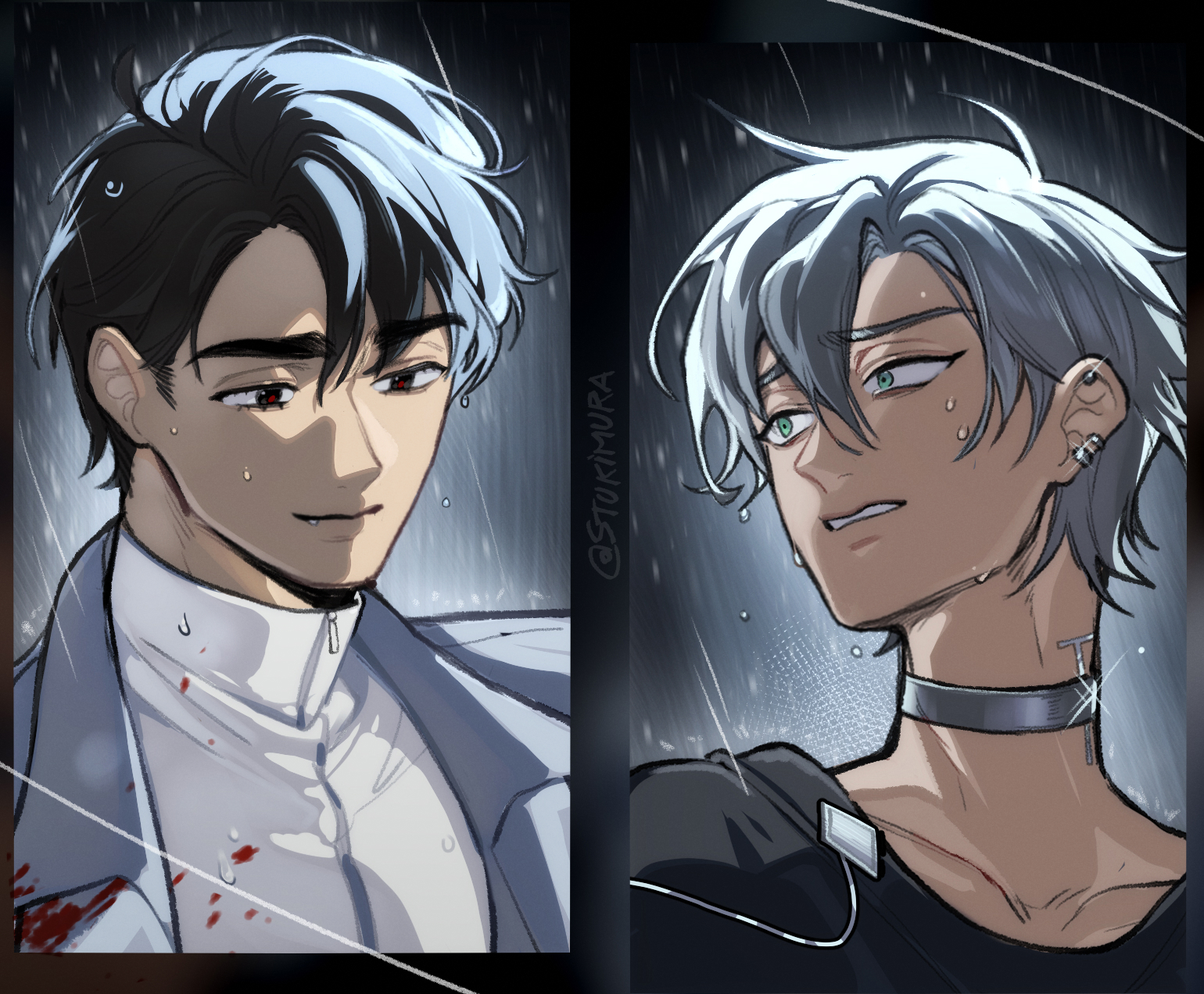 this is an artwork featuring two male characters with a similar hairstyle and facial features. the character on the left is wearing a white outfit with a splash of blood on the chest, while the character on the right is wearing a black outfit with a tattoo on the neck and a black choker. both have white hair with shades of blue, and their expressions are somber, with hints of sadness and perhaps even crying, as they stare into the distance. the background is a blurred, rainy scene, emphasizing the melancholic and moody atmosphere.