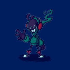 a cartoon character with a mischievous grin, wearing a green hoodie and red headphones. the character has black skin, glowing red eyes, and two fingers on each hand. the character is set against a solid dark blue background.