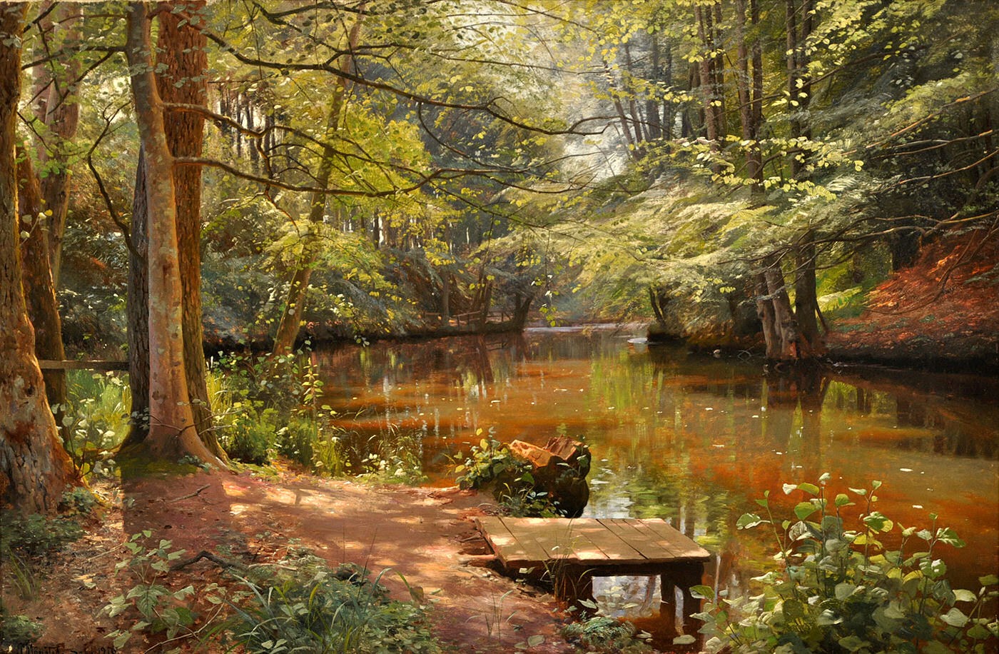 the painting depicts a serene forest scene with a gently flowing river at its heart. sunlight filters through the canopy of lush green trees, casting dappled light and warm shadows on the forest floor and the reddishbrown water of the river. a path winds through the trees, leading to a small wooden platform built on the riverbank. the scene evokes a sense of peace and tranquility, inviting the viewer to pause and enjoy the beauty of nature.