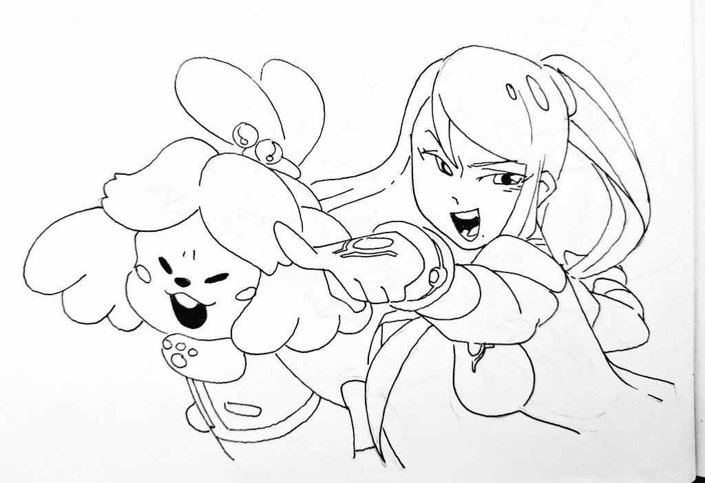 a black and white drawing of a girl with her arm extended toward a cute cartoon dog. the girl is smiling and appears to be excited. her hair is long and flowing. the dog has big ears and is smiling. they both seem to be happy together.