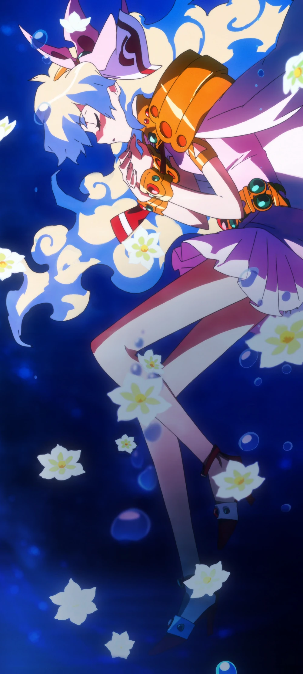 a young anime girl with long blonde hair floats amongst blue water with white flowers. she is wearing a blue and white dress, a golden belt, and a big white bow. she is holding a small, white flower in her hand.