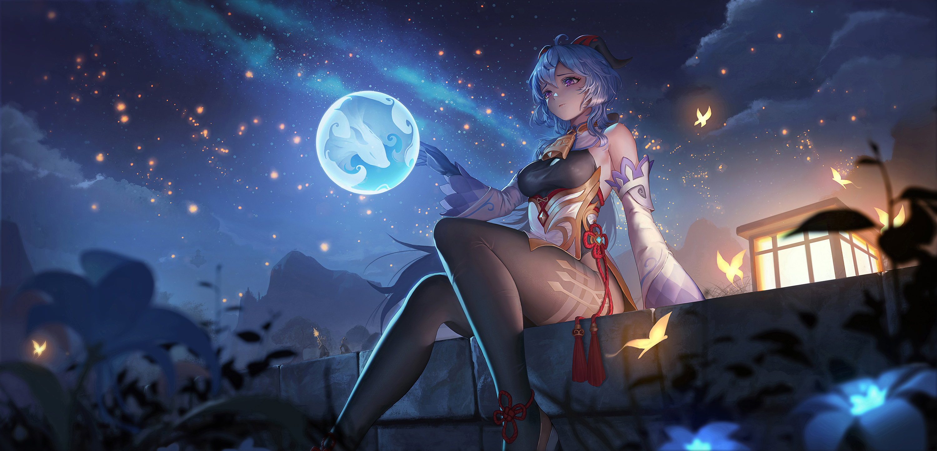 the image is a digital artwork depicting a young anime girl, reminiscent of the genshin impact character ganyu, sitting on a wall at night. she's wearing a beautiful, flowing, east asianinspired dress and has light blue hair.  a glowing orb floats near her hand, and several luminous butterflies and stars fill the night sky. the scene is peaceful and magical, with soft lighting and a serene atmosphere. the overall style is elegant and detailed, conveying a mystical and fantasy setting.  the background includes a lantern and shadowy plants, adding depth to the image.
