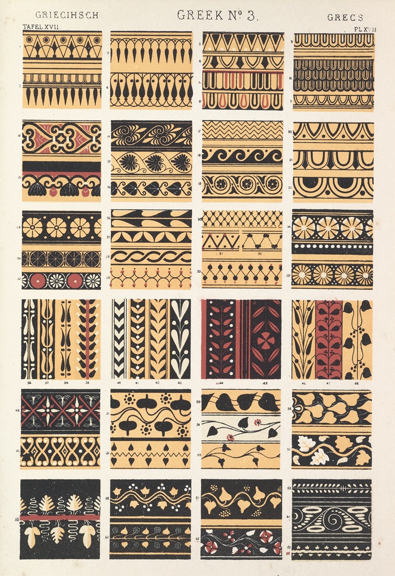 the image shows a collection of 24 different greek patterns, borders, and designs arranged in a grid format. each design represents a unique ornamental style prevalent in ancient greek art and architecture. the color palette primarily consists of black, red, and yellow, sometimes with white accents. the motifs range from geometric shapes like triangles and spirals to stylized floral and leaf patterns. the image's titles are "greek no. 3" and "tafel xvii plx/iii"