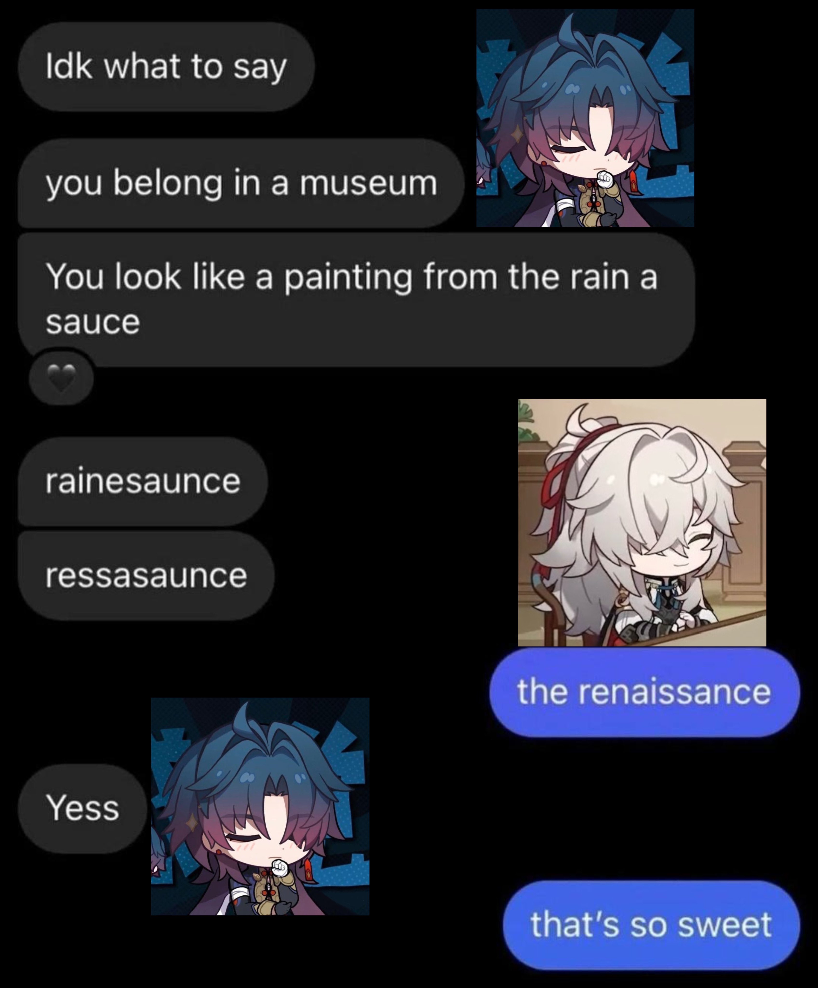 this image is a chat conversation on a phone. the chat is about an animestyled character who looks like a painting.  the person who sent the message says that the character looks like a painting from the rain, and compares them to a museum exhibit. they say that the character is "sweet."  there are multiple images of the character in different poses.