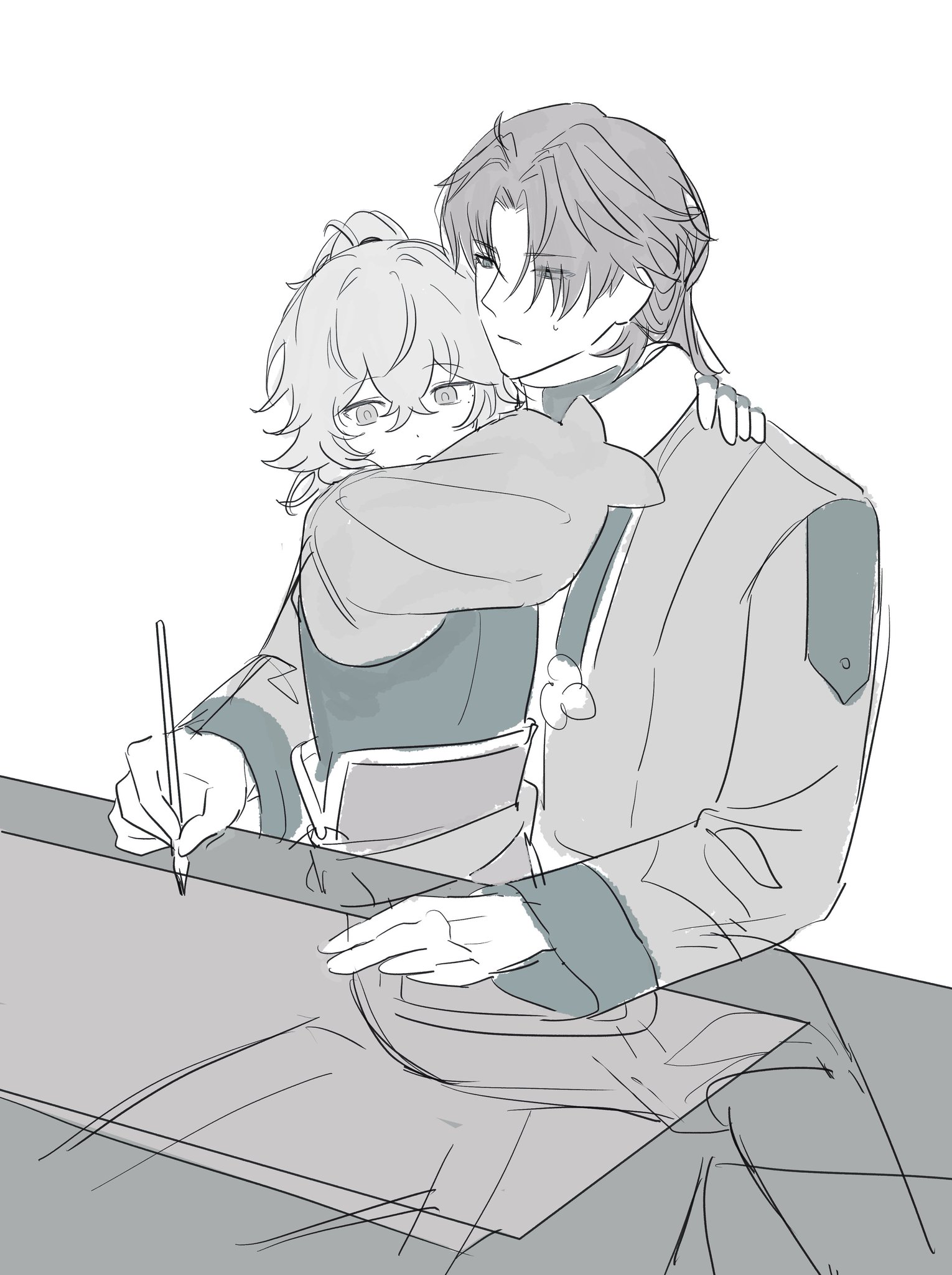 a sketch of two anime characters, one boy and one girl. the girl has short, blond hair and is holding the boy from behind, while he is drawing on a large piece of paper. they both appear to be happy and relaxed, enjoying each other's company.  the sketch is drawn in a simple, yet expressive style.