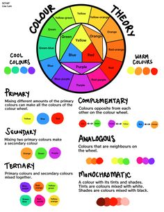 a colorful diagram explaining color theory. it includes sections on primary, secondary, tertiary, complementary, analogous, and monochromatic colors. it also shows a color wheel and examples of different color combinations.