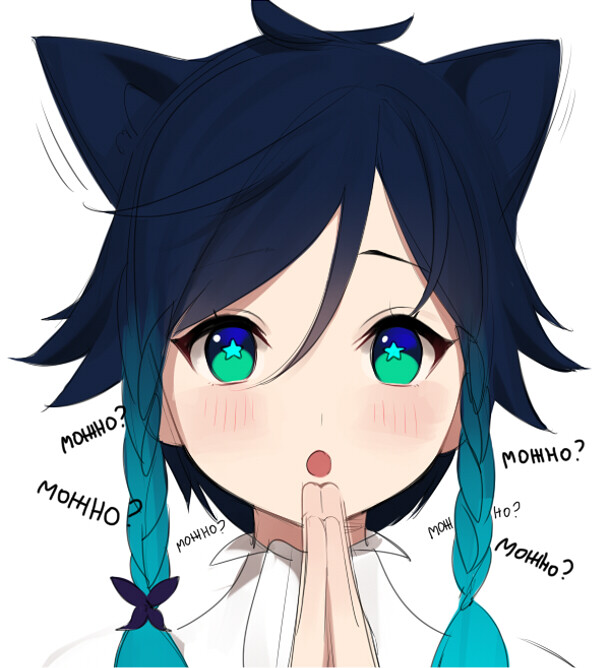 the image shows a drawing of a young anime girl with dark blue hair styled in twin tails with teal tips. she has cat ears on top of her head and bright green eyes with starshaped pupils. her expression is a mix of surprise and pleading, with wide eyes, slightly flushed cheeks, and her hands clasped together under her chin. she's wearing a white shirt with a popped collar.  the background is plain white. there are japanese onomatopoeia around her head that read "monnho?" which roughly translates to "really?" or "is that so?"  the style of the drawing is reminiscent of chibi anime characters, known for their large heads and exaggerated features.