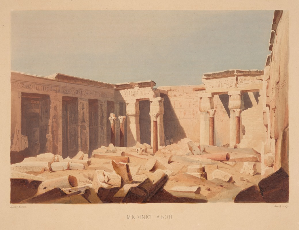the image is a watercolor painting of the ruins of medinet abou in egypt. the painting depicts the remains of a temple with columns, stone blocks, and walls covered in hieroglyphics. the sky is a light blue color. the ruins are bathed in sunlight, casting shadows across the scene. the painting style is reminiscent of historical travel art.