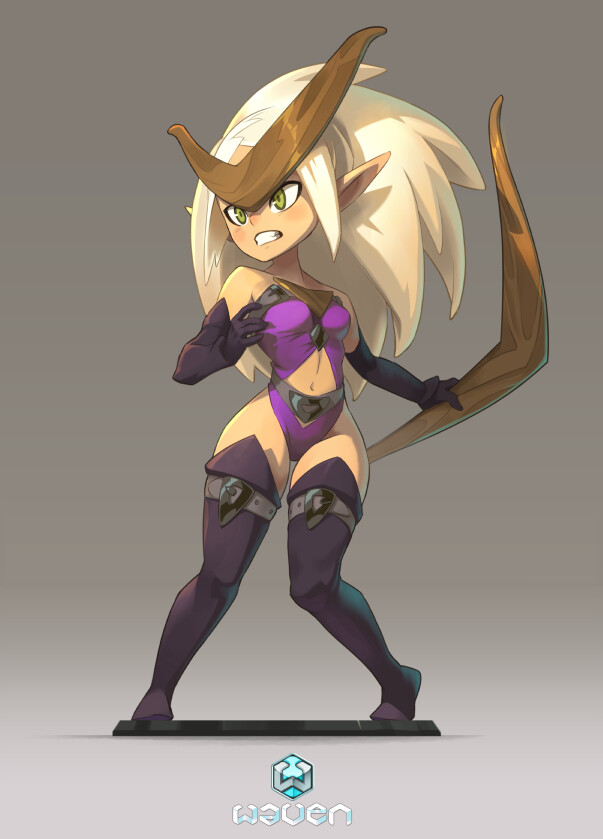 this image depicts a fantasy warrior character, likely an elf. the character is female, and has blonde hair, green eyes, and is wearing a purple and black outfit. her horns are made of brown, and she is holding a brown weapon. the illustration is digitally drawn in a stylized anime/manga style.