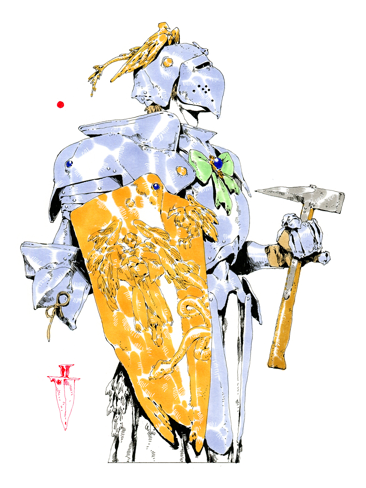 a fullbody illustration of a knight in ornate, detailed armor. the knight is holding a war hammer and a large shield with a doubleheaded eagle emblem. a green bow adorns the chestplate, and a small bird perches on the helmet. the style is reminiscent of classic fantasy illustrations, with a focus on intricate details and a muted color palette.