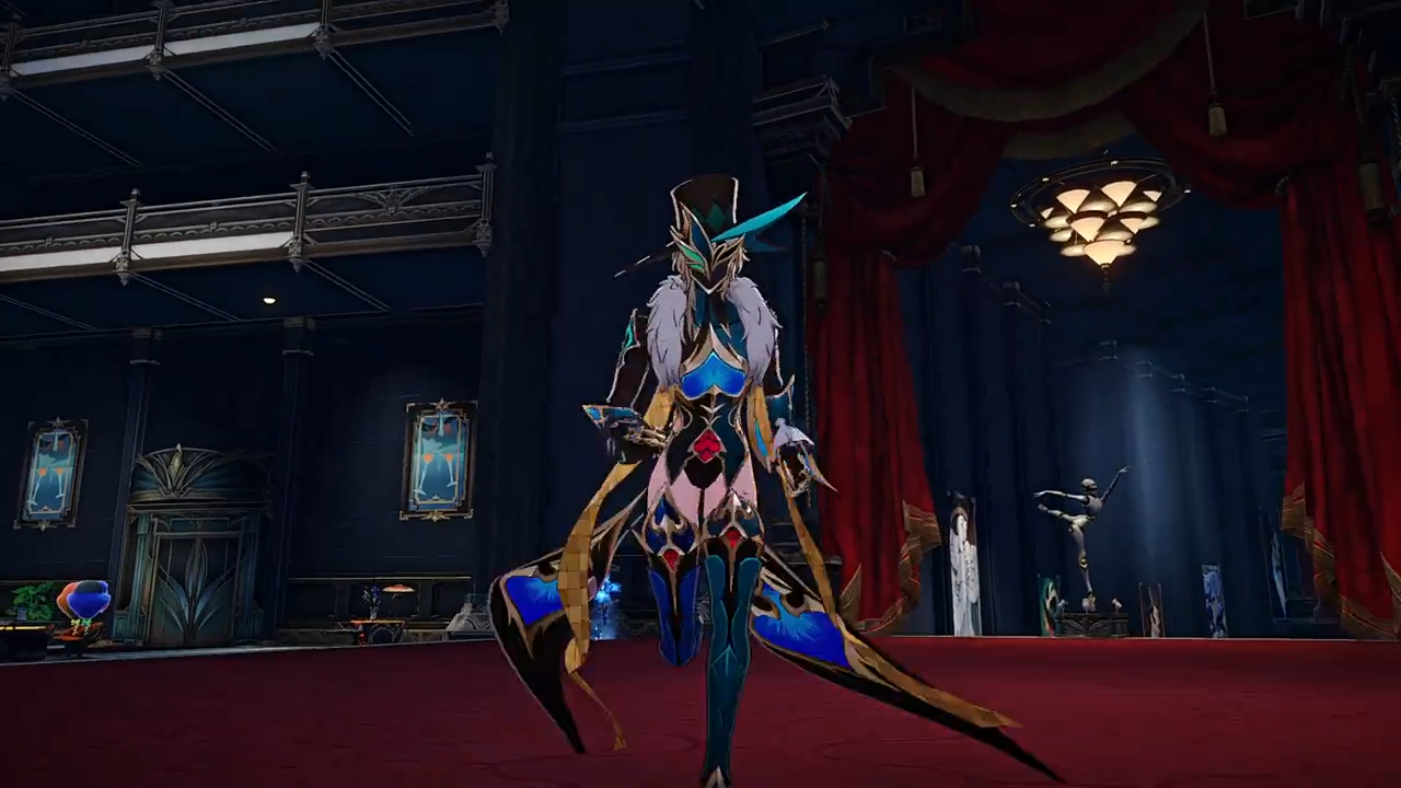 a female video game character in a blue, gold and black costume is standing in a dark, ornate room.  the character is wearing a hat with a blue and gold ribbon and has a large cape.  they are standing on a stage and there are statues of dancers in the background.  the room is decorated with red curtains and a large chandelier.
