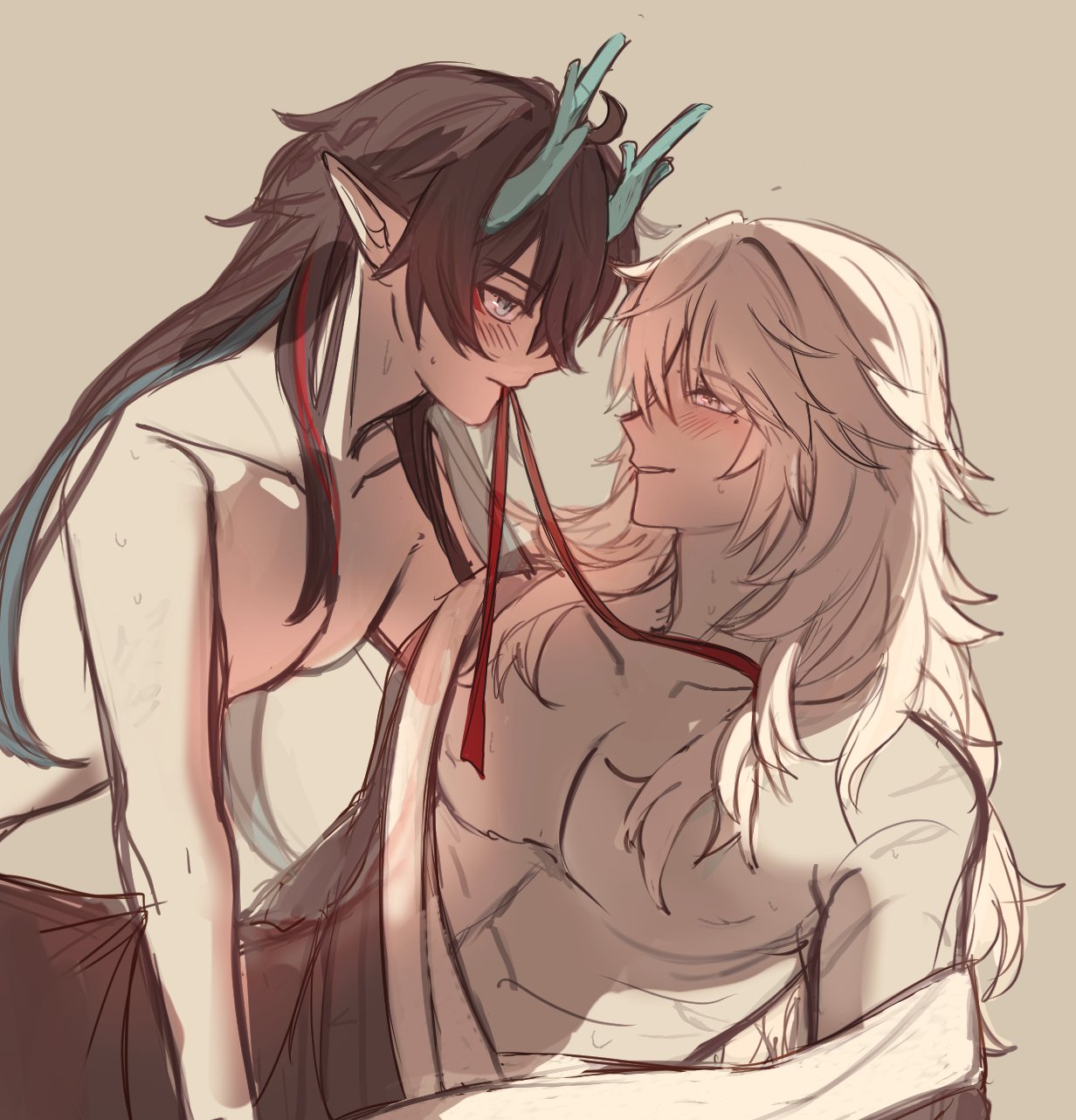 the image depicts an anime couple, a young man with long white hair