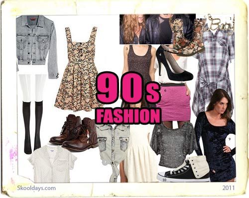 a collage of 90s fashion trends. there's a denim jacket, floral dress, kneehigh socks, combat boots, black boots, plaid shirt dress, black heels, mini skirt, gray top, black dress, hightop sneakers, gray denim shirt, white shirt, and a white dress. the words "90s fashion" are prominently displayed in the center.