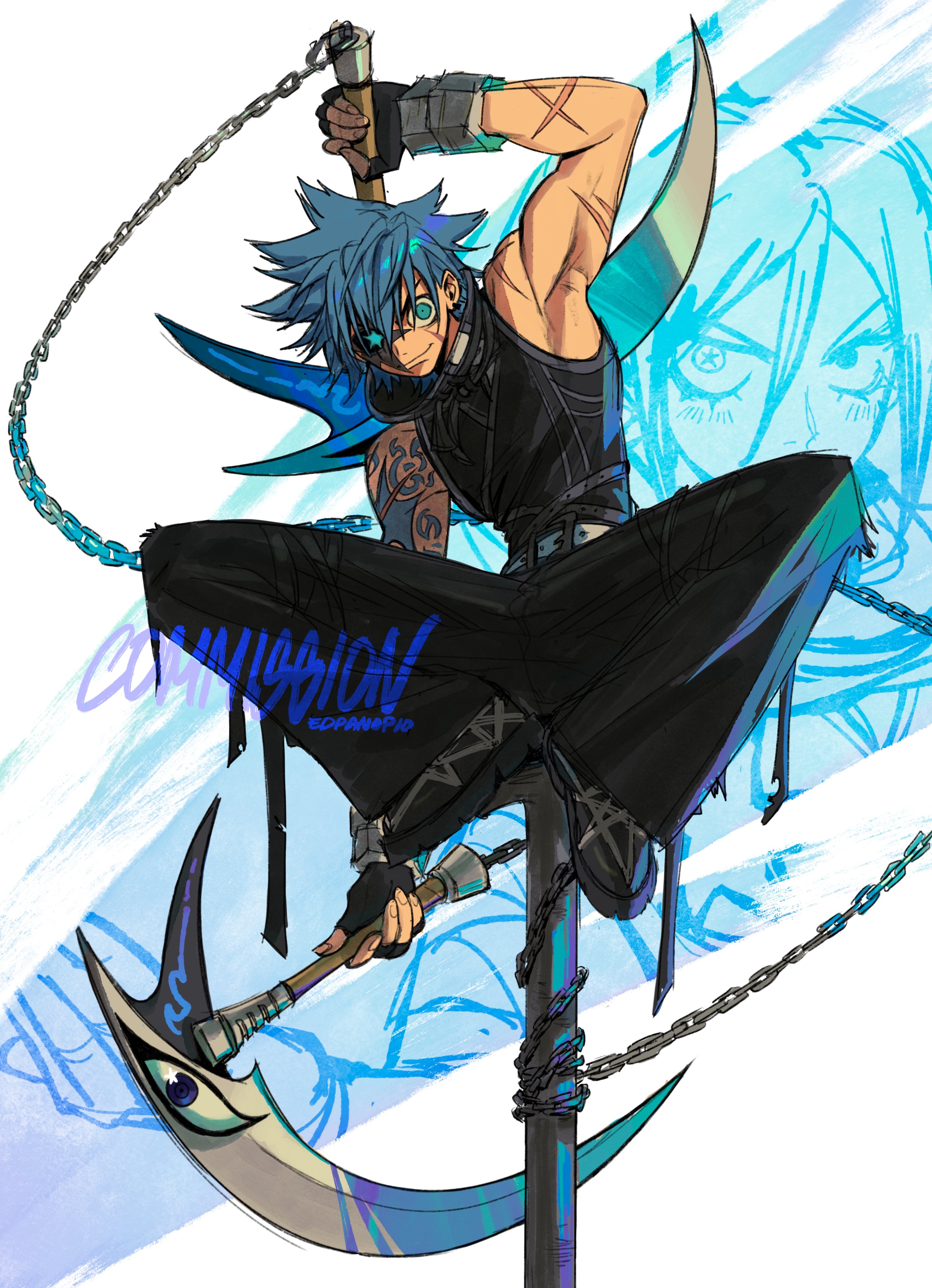 the image is a vibrant digital painting of an animestyle character. the character is depicted in a dynamic action pose, seemingly midair, wielding a large scythelike weapon attached to a pole.  they have bright blue hair, blue eyes partially obscured by a mask or bandana, and are muscular in build. they wear dark clothing with a tattered, edgy design.  chains are wrapped around the pole and extend outward, contributing to the action and energy of the piece. a partial sketch of another character or design appears faintly behind the main figure.  the artwork has a stylized and slightly graffitiesque element, particularly in the coloring and text. the word "commission" is prominently displayed, indicating the piece was created as a paid commission. the overall style suggests a blend of anime and fantasy art influences.