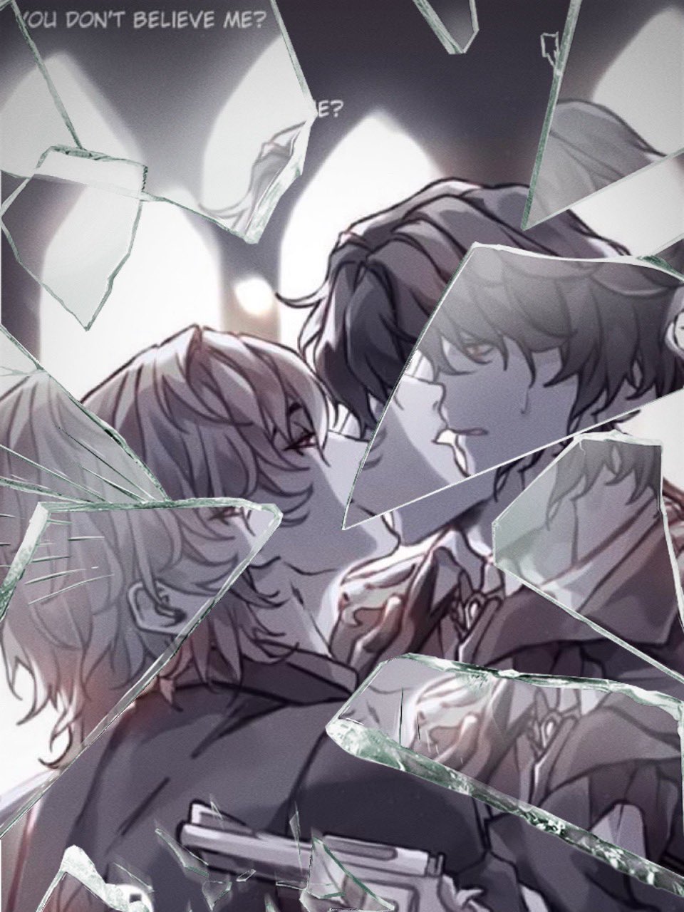 the image depicts a dramatic scene with two anime characters standing behind broken glass. the characters are a male and a female, the female is standing behind the male, her arm is around his waist, and the male is holding a gun. the characters are drawn in a realistic style, with intricate details. the background is dark and obscured by the shattered glass, creating a sense of suspense. the couple's faces are partially obscured, but their expressions are evident: the female's face is a mix of sadness and despair, while the male's face is stoic and resolute. the broken glass symbolizes the fragility of their relationship. the gun suggests that they are in danger or that the situation is volatile. the image is a poignant and dramatic representation of love, loss, and the fragility of life.