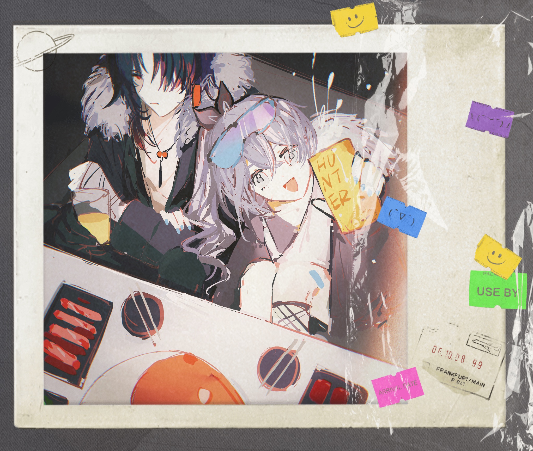 an anime style digital illustration of two friends playing a retro game. the image is presented in a polaroid photo frame, with added stickers, with the caption "use by..."