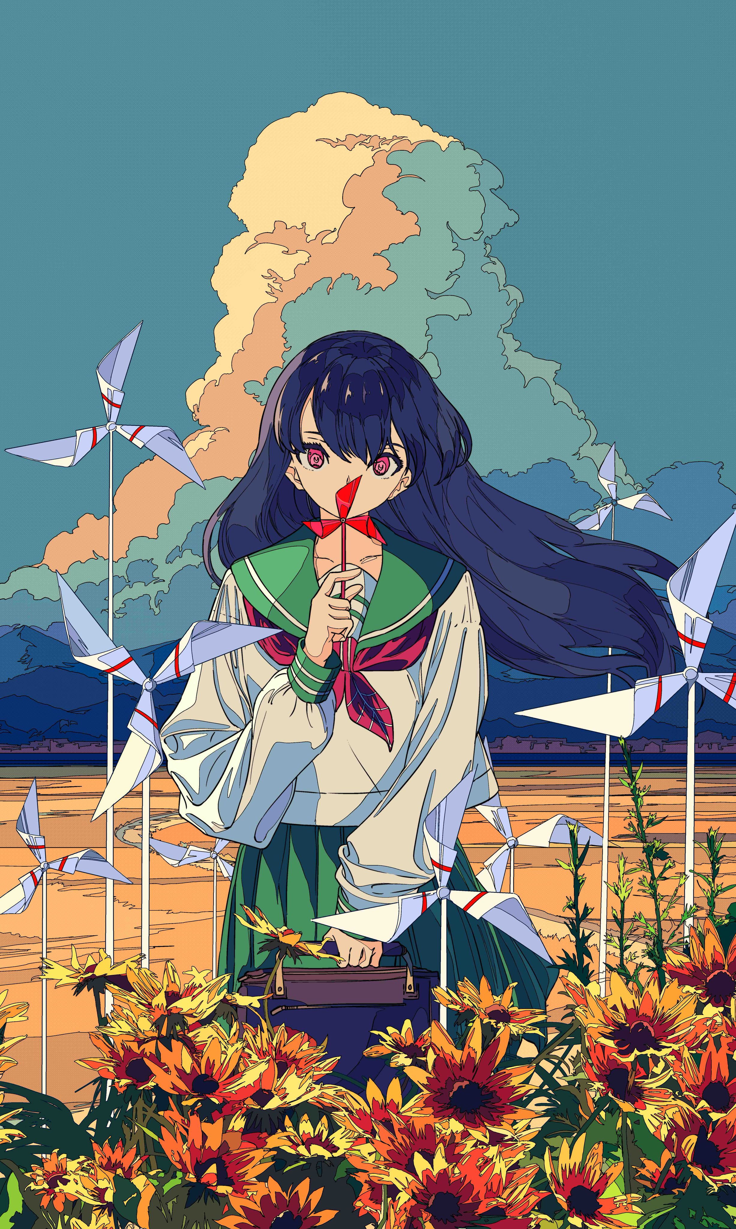 the image is a vibrant digital illustration featuring an animestyle schoolgirl. she has long, dark hair and is wearing a green and white sailor uniform. she is holding a small, red pinwheel to her face, seemingly lost in thought.  the setting is a peaceful, idyllic landscape featuring a field of sunflowers and numerous paper pinwheels/small windmills in the background against a sunsethued sky with clouds. the overall style evokes a sense of nostalgia and tranquility. the girl is carrying a small brown bag or satchel.
