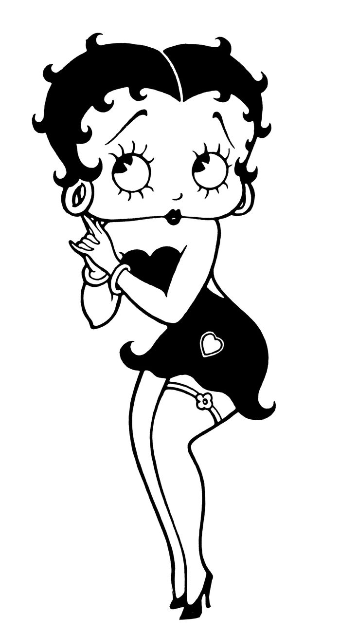 black and white illustration of betty boop, a cartoon character from the 1930s. she is standing with one hand on her hip and the other near her face. she is wearing a short, sleeveless dress, high heels, and gloves.