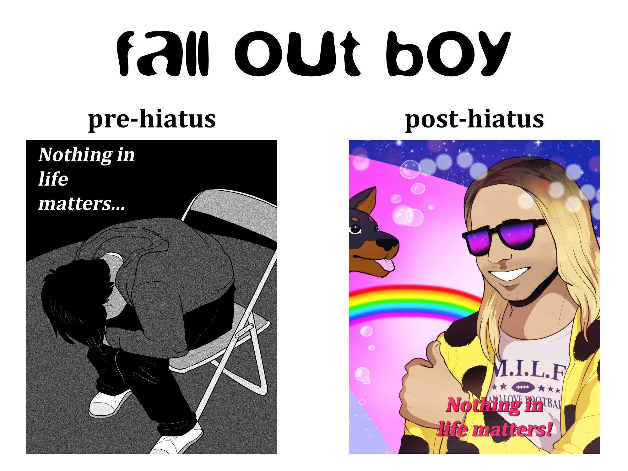 this meme compares the mood of the band fall out boy before and after their hiatus. the left side shows a depressed character in black and white, representing their prehiatus music. the right side shows a happy character with a rainbow and the phrase "nothing in life matters" in pink and white, representing their posthiatus music.