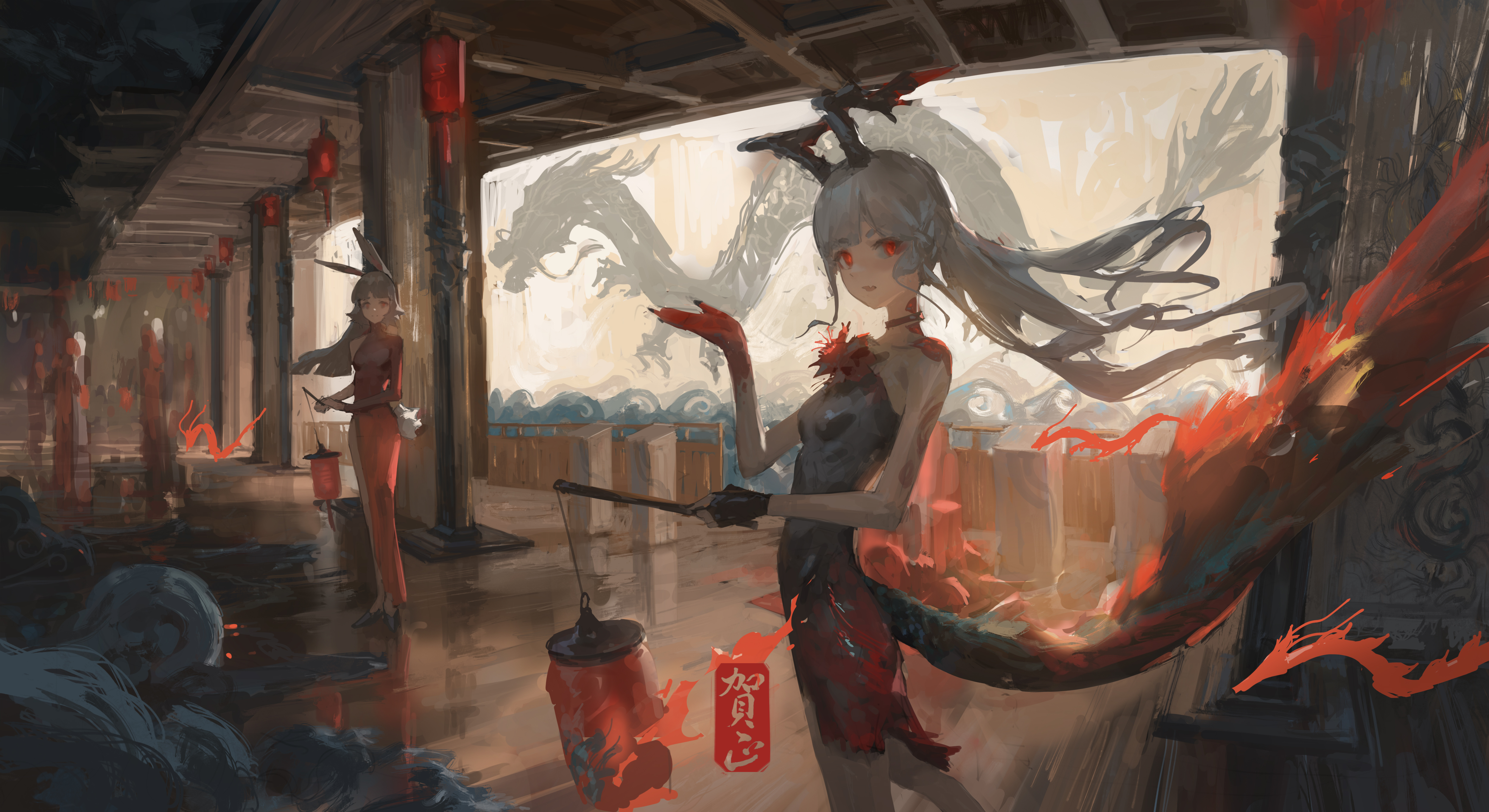 the image is a digital painting depicting two anime girls in a long, dimly lit hallway of a chinesestyle temple.  the main focus is on a girl with long, grey hair styled in twintails and adorned with what appears to be dragonlike hair ornaments. she is wearing a dark, formfitting dress with red accents and is holding a long stick with a red lantern attached.  her dress trails behind her like a flowing, fiery red tail.  another girl in a red qipao (a traditional chinese dress) stands further down the hallway, also holding a lantern.  in the background, a large painted image features two grey dragons, and red lanterns hang from the ceiling. the overall style is painterly and atmospheric, using loose brushstrokes to create a sense of movement and mystery. the scene evokes a feeling of fantasy and perhaps a lantern festival.