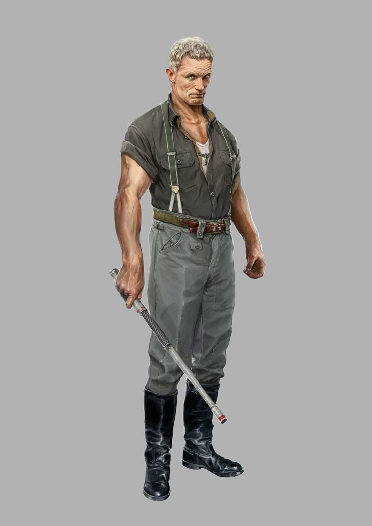 a drawing of an older, muscular man in a militaryinspired uniform. he wears a dark grey buttonup shirt with rolledup sleeves and suspenders, grey pants with a brown belt, and black boots. he holds a staff or rod in his left hand. he has grey hair and a serious expression. the background is plain grey.