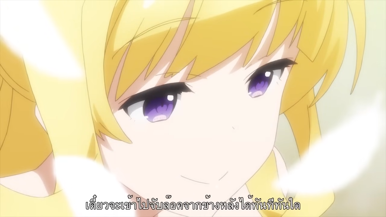 the image features a closeup illustration of an anime girl. she has large, expressive purple eyes, and her long, blonde hair frames her face. a gentle smile graces her lips, conveying a sense of contentment and joy.  the background is a soft, ethereal white with subtle hints of yellow, enhancing the dreamlike quality of the image.