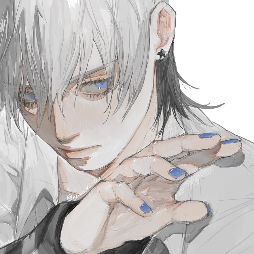 this is a digital illustration of an anime/manga boy with white hair, blue eyes, and blue nail polish. he is wearing an earring with a star on it. his hand is shown in the foreground, and his face is partially obscured by his hair. the image is drawn in a sketchy style with soft shading and highlights.  the background is simple and white.
