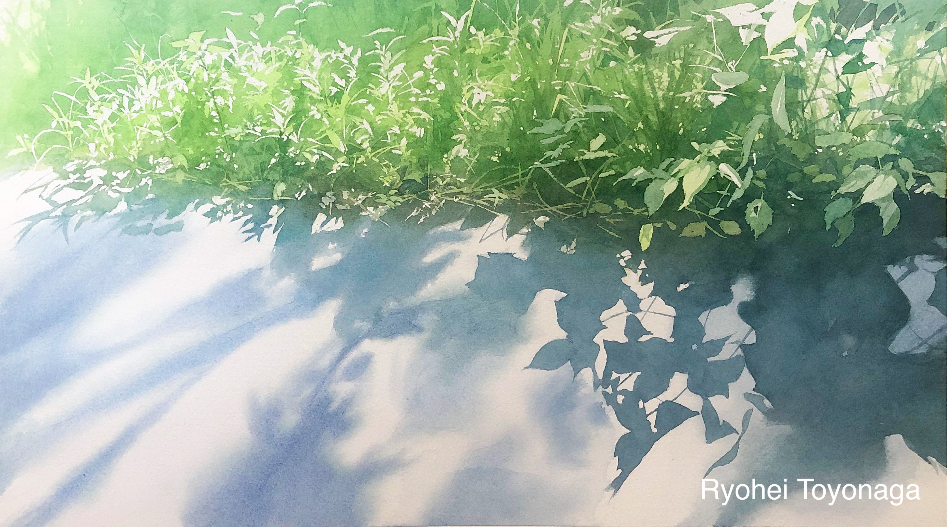 the image is a watercolor painting depicting sun shining through lush green foliage, casting cooltoned shadows on the ground.  the style is impressionistic, capturing the feeling of a bright summer day.