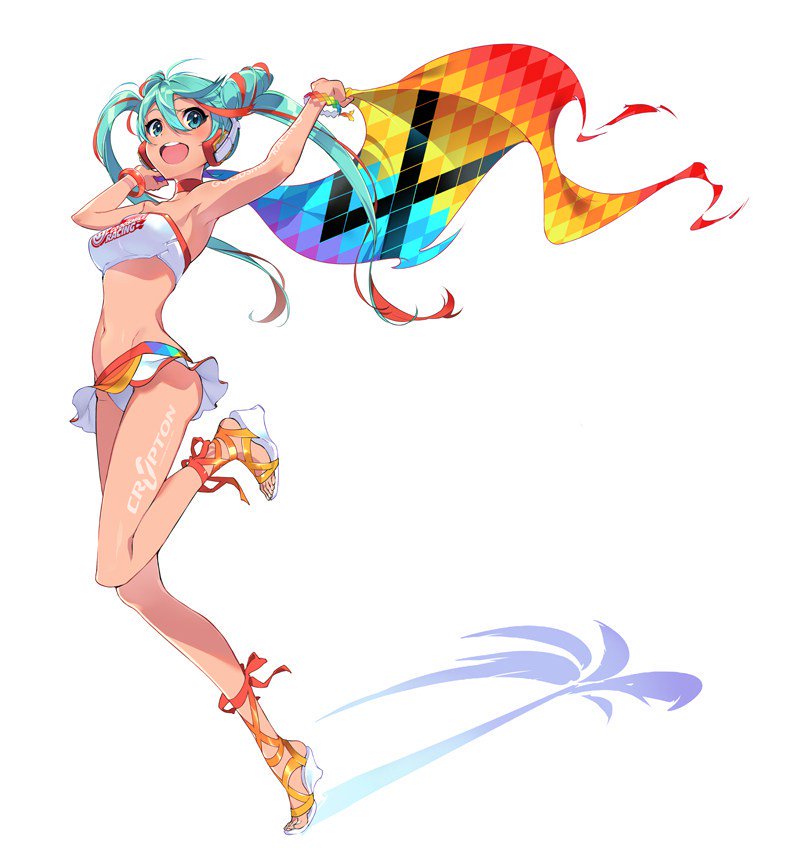 the image features hatsune miku, a popular vocaloid character, in a dynamic pose against a white background. she's wearing a colorful bikini and sandals, holding a rainbow flag emblazoned with a stylized "x" logo. her vibrant green hair flows behind her, emphasizing the sense of motion. the lighting is bright and cheerful, suggestive of a sunny beach environment. the overall aesthetic is playful and energetic, characteristic of the vocaloid fandom and hatsune miku's image.