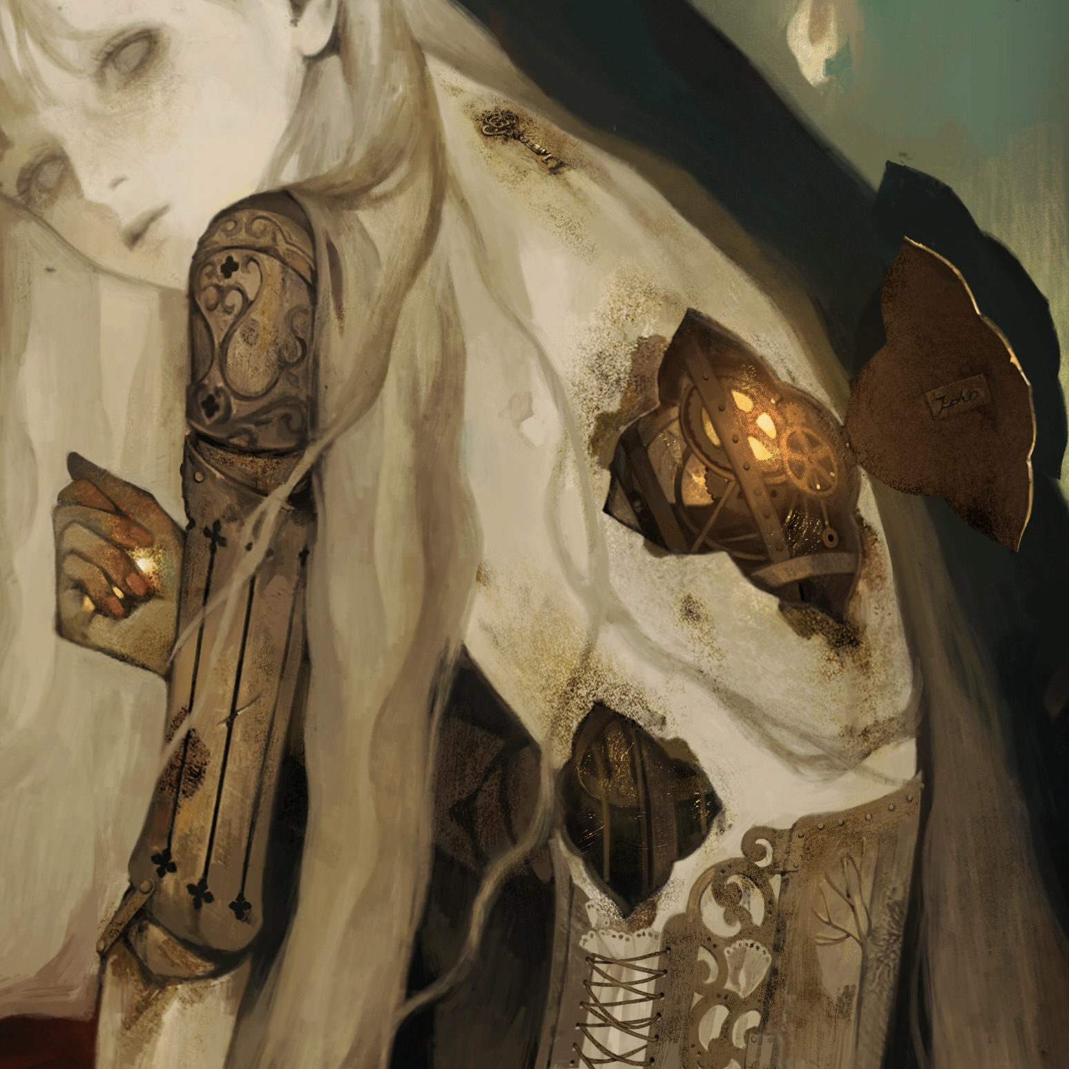 a mysterious woman in a white dress with a steampunkinspired metal arm and clockwork device embedded in her shoulder.  the image has a dark and fantastical quality, creating a sense of intrigue and wonder.  the woman's expression is stoic, and her gaze is fixed on something unseen.  the artwork has a painted quality, with soft brushstrokes and a sense of depth.