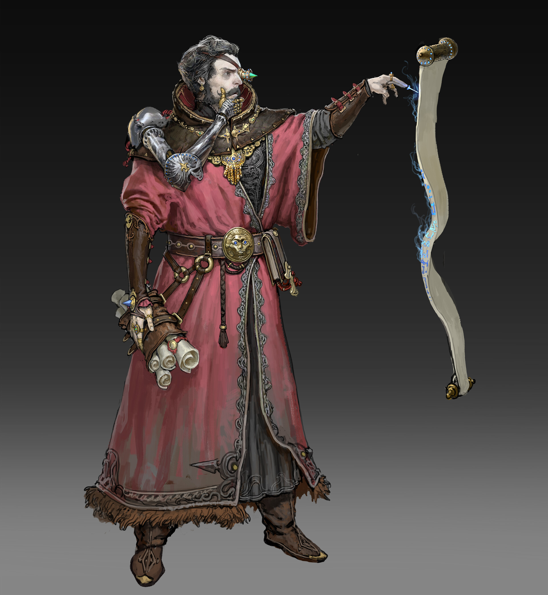 a fantasy mage dressed in red and black robes, holding scrolls in his left hand and a glowing scroll in his right hand. he has a mechanical prosthetic arm.