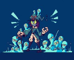 the illustration features a single cartoon character with exaggerated features, resembling a whimsical monster or imp. they are dressed in dark attire with a large hat and wield a gnarled staff, suggesting a magical aptitude. surrounding the character are numerous smaller, slimelike creatures with glowing eyes, hinting at a connection or command over them. the color palette is vibrant, using cool blues and greens for the background and creatures, contrasting against the warmer tones of the central character.