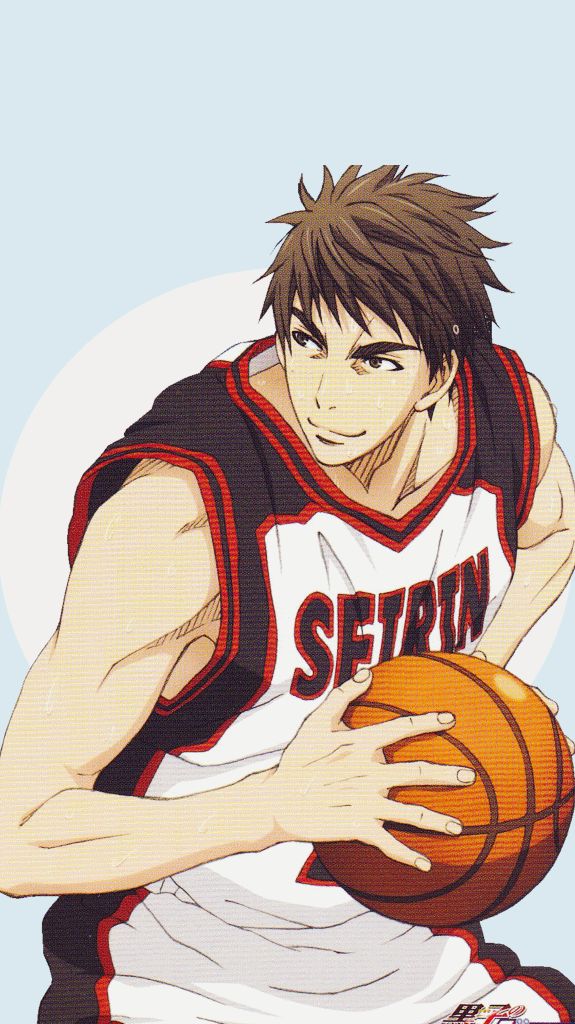the image is an animestyle illustration of a young male basketball player. he has brown hair, and is wearing a seirin basketball jersey. he is holding a basketball and has a confident expression on his face. the background is a pale blue. the style is consistent with that of the anime series "kuroko's basketball".  the character depicted strongly resembles hyuga junpei.