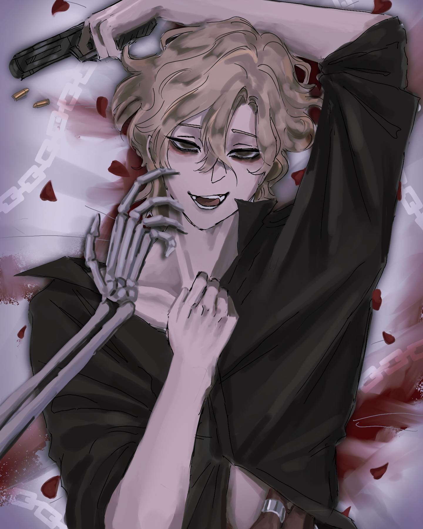 a young man is lying in bed, with a skeleton hand around his neck. there are blood stains on the white sheets and bullets on the bed. the man has a gun in his hand, and his expression is creepy and unsettling. the image is dark and eerie, with an ominous tone.