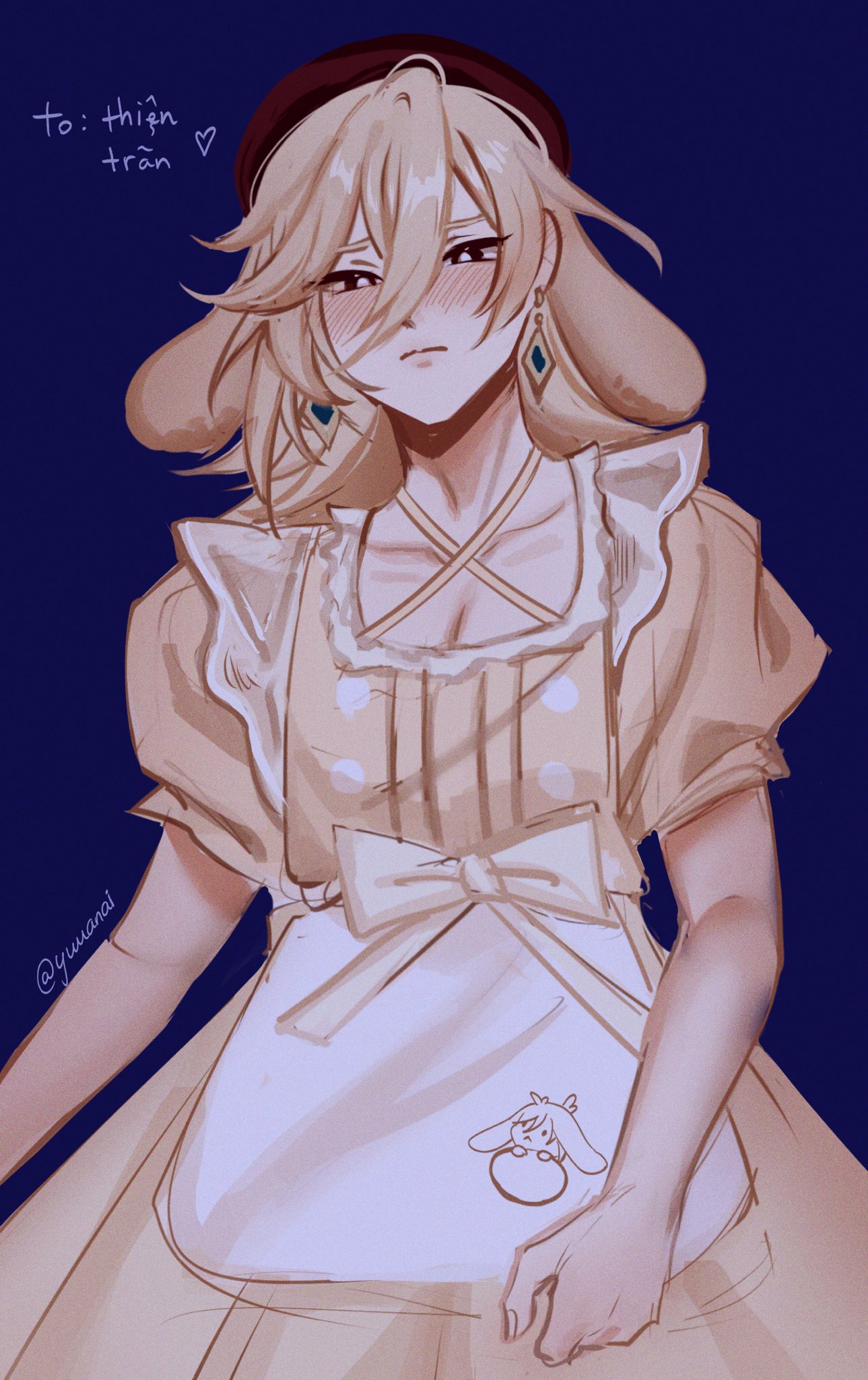 a digital illustration of amber from genshin impact, in a maid outfit. she is blushing and looking down shyly. the background is a deep blue.