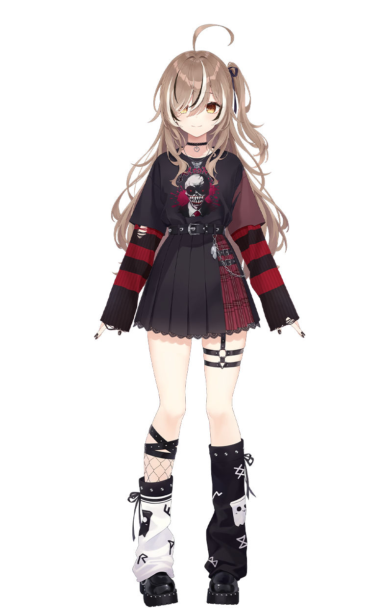 a digital illustration of an anime girl standing in a fashionable rockinspired outfit. she has long brown hair with a slight wave and golden eyes. she's wearing a black graphic tshirt with a skull design, layered with a longsleeved red and black striped shirt with distressed details. her black pleated skirt features a buckled belt and a tartan panel on the side. she is also wearing black thighhigh socks with graphic designs, white socks with a black and white design, and black studded boots. she accessorizes with a black choker necklace, belts, and a small charm hanging from her skirt.