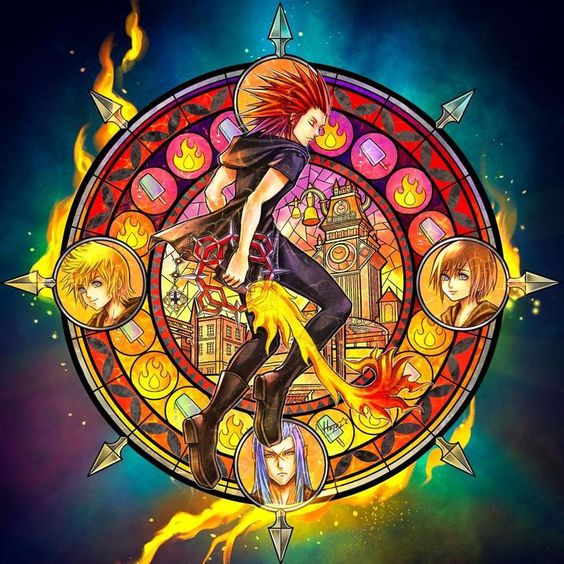 this vibrant image showcases a circular stainedglass design. the primary subject is axel from the kingdom hearts series, dynamically posed in the center with his flaming weapon, chakrams.  surrounding him within the stainedglass panels are scenes of a cityscape, a clock tower (likely big ben), and stylized flames. the faces of three other significant characters—sora, roxas, and isa—are incorporated into the design, positioned around axel. the overall palette is warm and striking, with the use of glowing yellows, oranges, and reds against a deep blue background, reminiscent of classic stainedglass artwork.