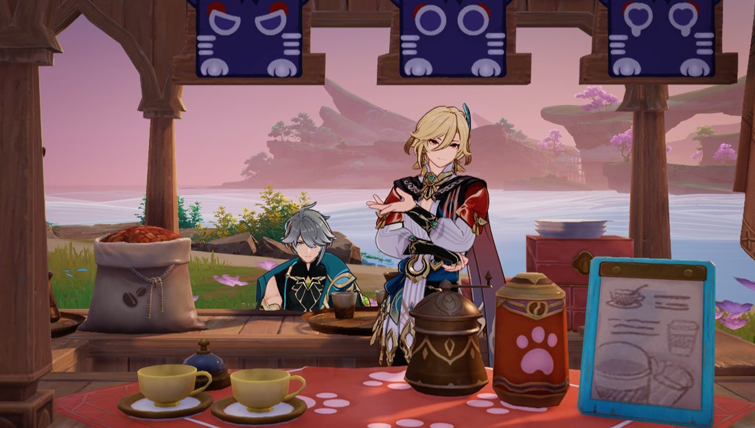 the image shows a cafe shop from the popular game "genshin impact." the cafe is situated by the water, with mountains and other islands in the distance. the cafe is decorated with cats and catthemed decorations. two male characters, one with black hair and the other with blonde hair are standing at the cafe. they both have coffee cups in their hands. in the foreground, there is a table with two coffee cups on it. there is also a bag of coffee beans and a coffee pot on the table. the image is brightly lit and has a very cheerful and inviting vibe.